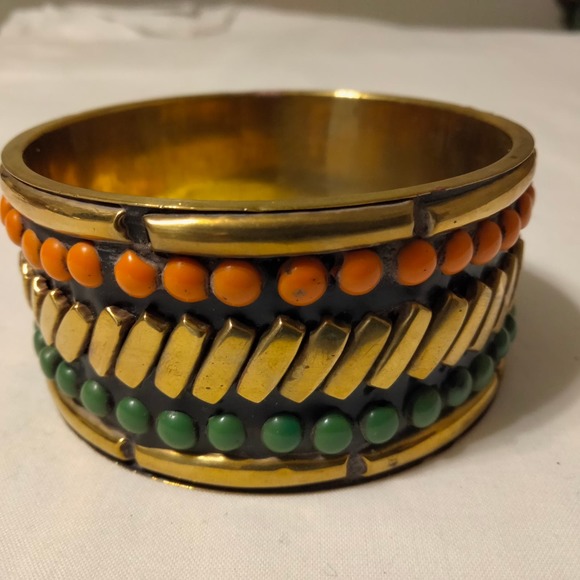 Iris Apfel & Bajalia Black, Orange & Green & Brass Bangle Bracelet - Picture 1 of 10